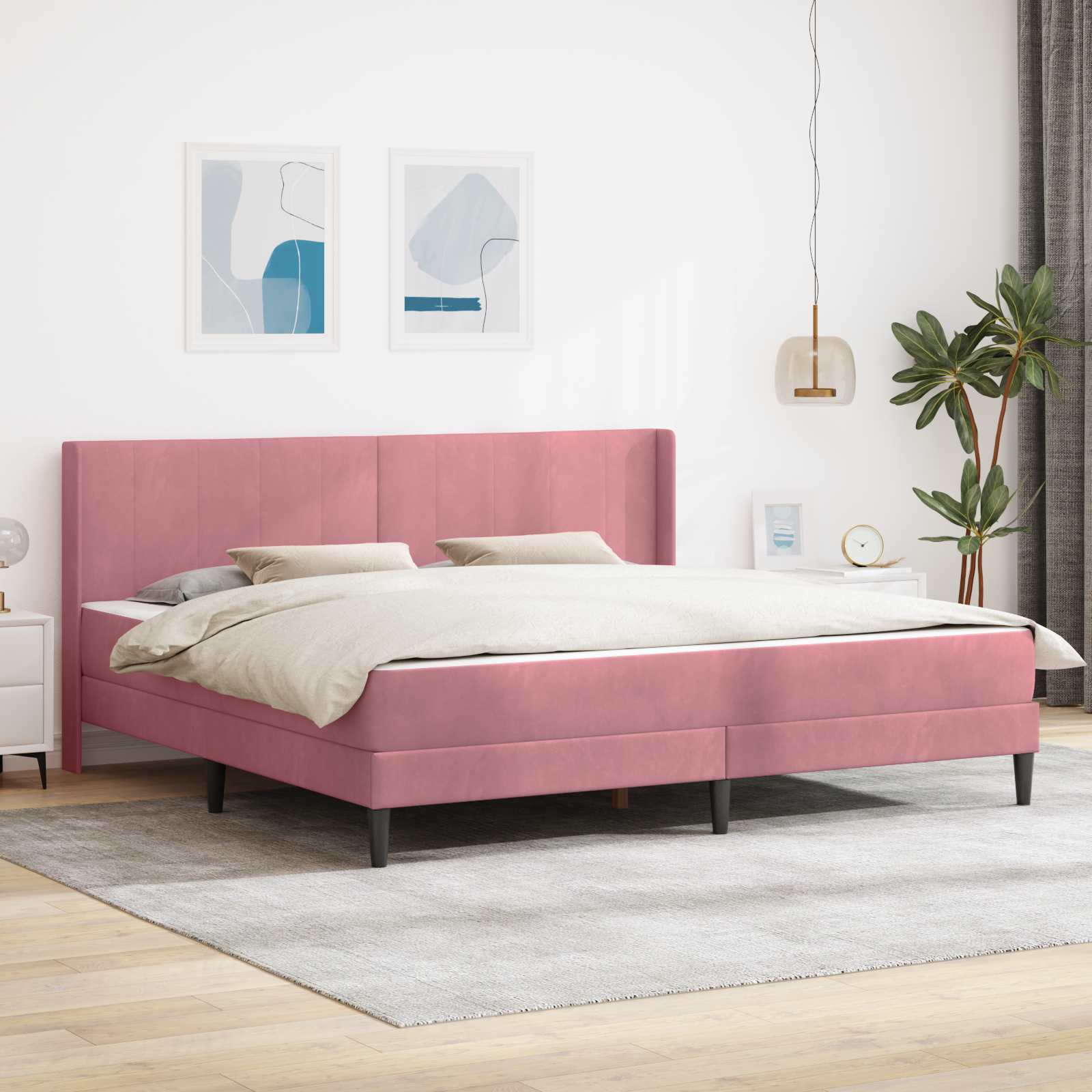 Rosa Samt Bett mit Matratze 200x200 cm