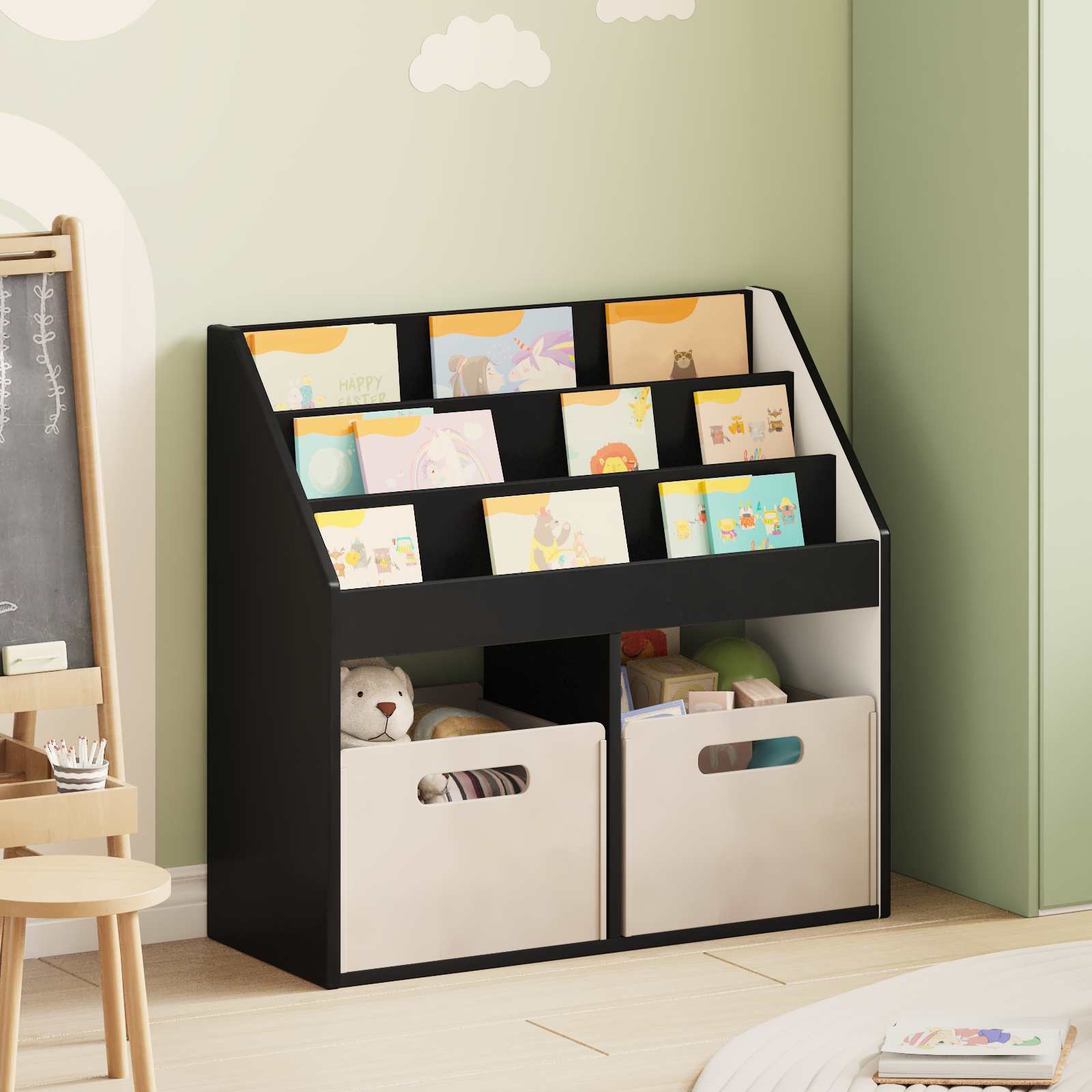 Schwarzes Kinderregal aus Holz