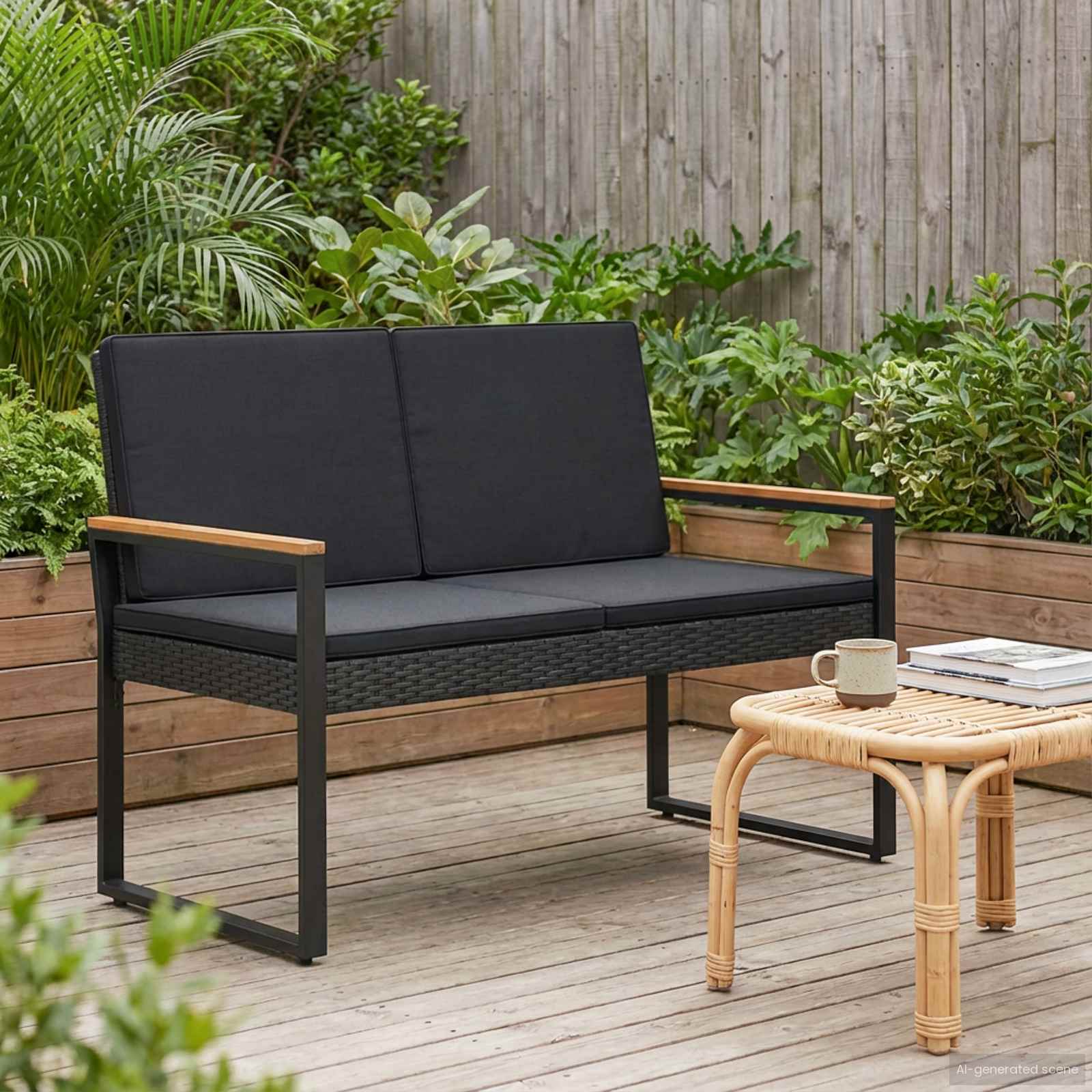 vidaXL Banc de jardin avec coussin Noir 107 x 61 x 80 cm Résine tressée