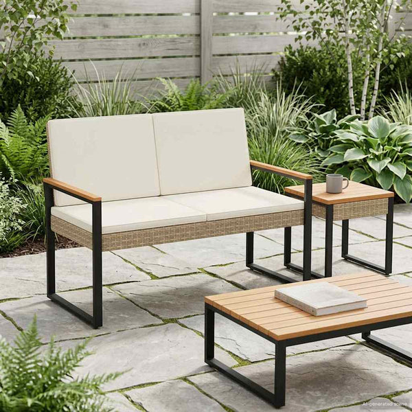 Outdoor Bank Beige Cremeweiß Poly-Rattan