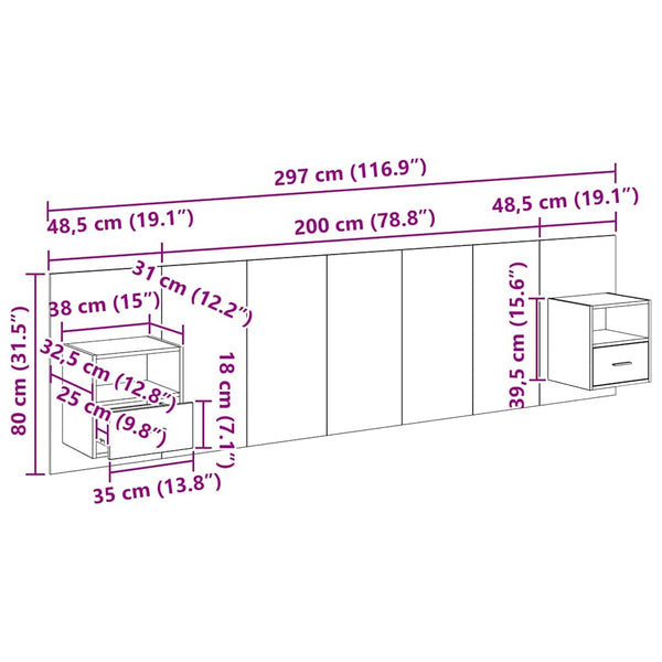 Kopfteil mit Schrank Altholz 3-teilig