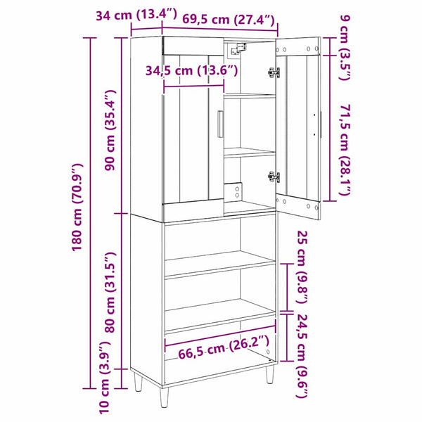Highboard Artisan Eiche 69,5x34x180 cm