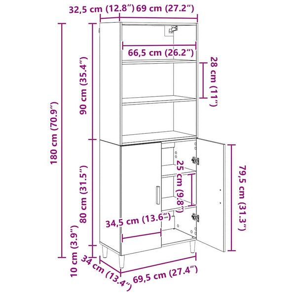 Highboard Schwarz Eichenoptik 180 cm