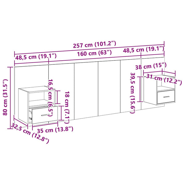 Schwarzes Kopfteil mit Schrank, 3er-Set