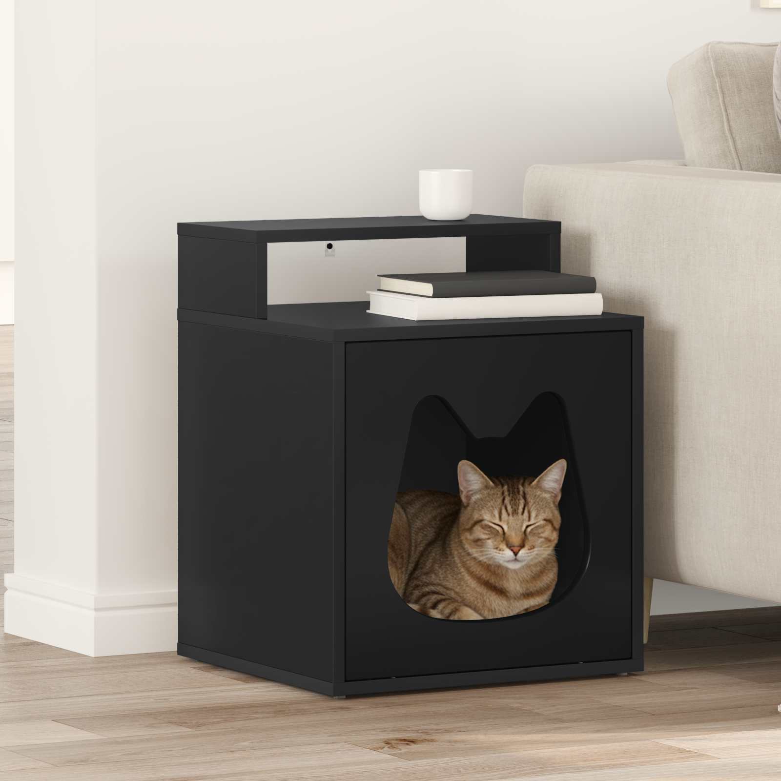 Schwarzes Katzenhaus aus Holzwerkstoff