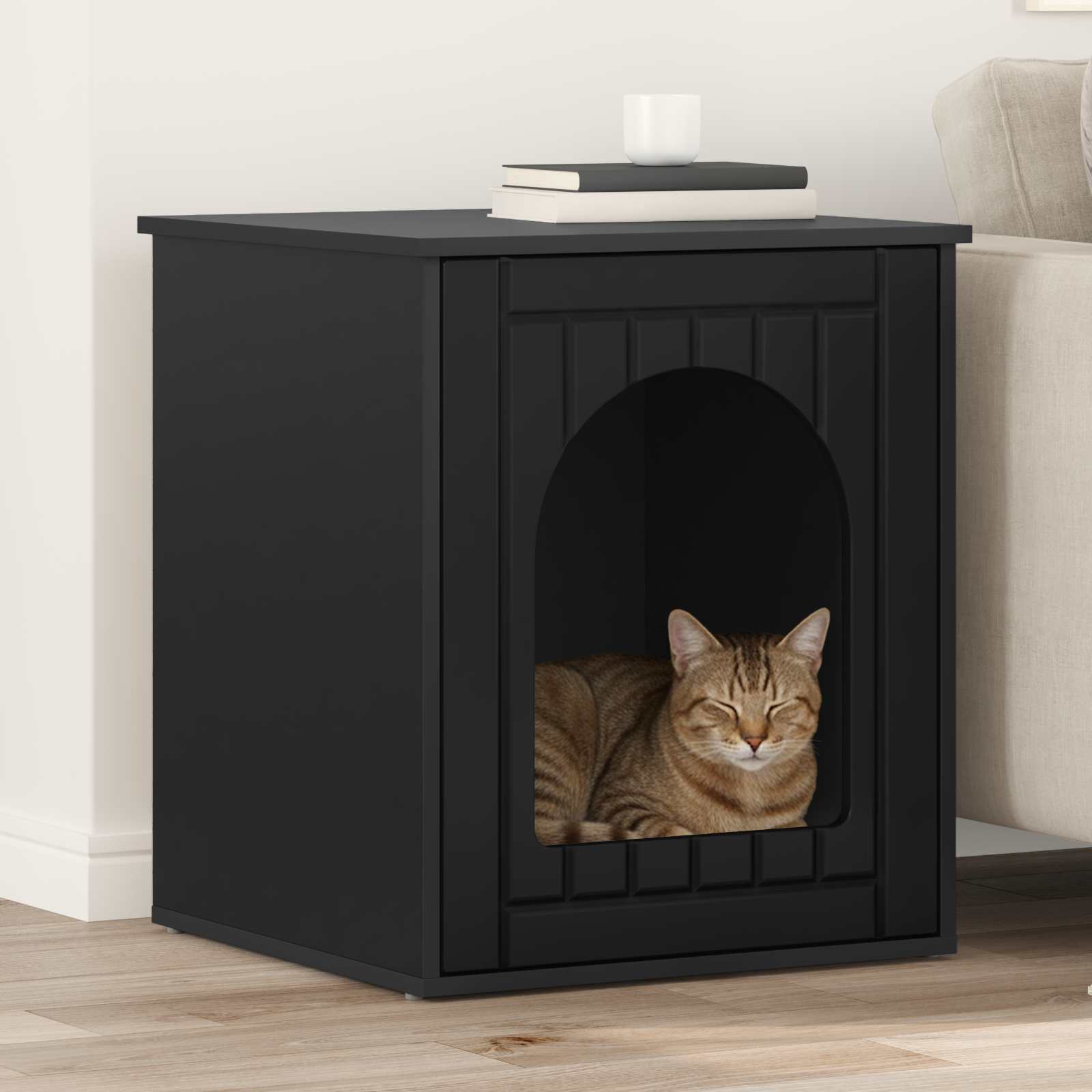 Schwarzes Katzenhaus aus Holzwerkstoff