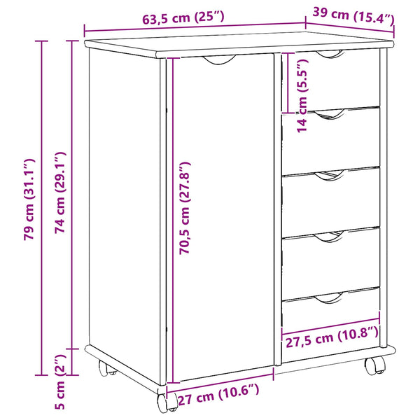 vidaXL Meuble à roulettes marron miel 63,5 x 39 x 79 cm Bois de pin massif