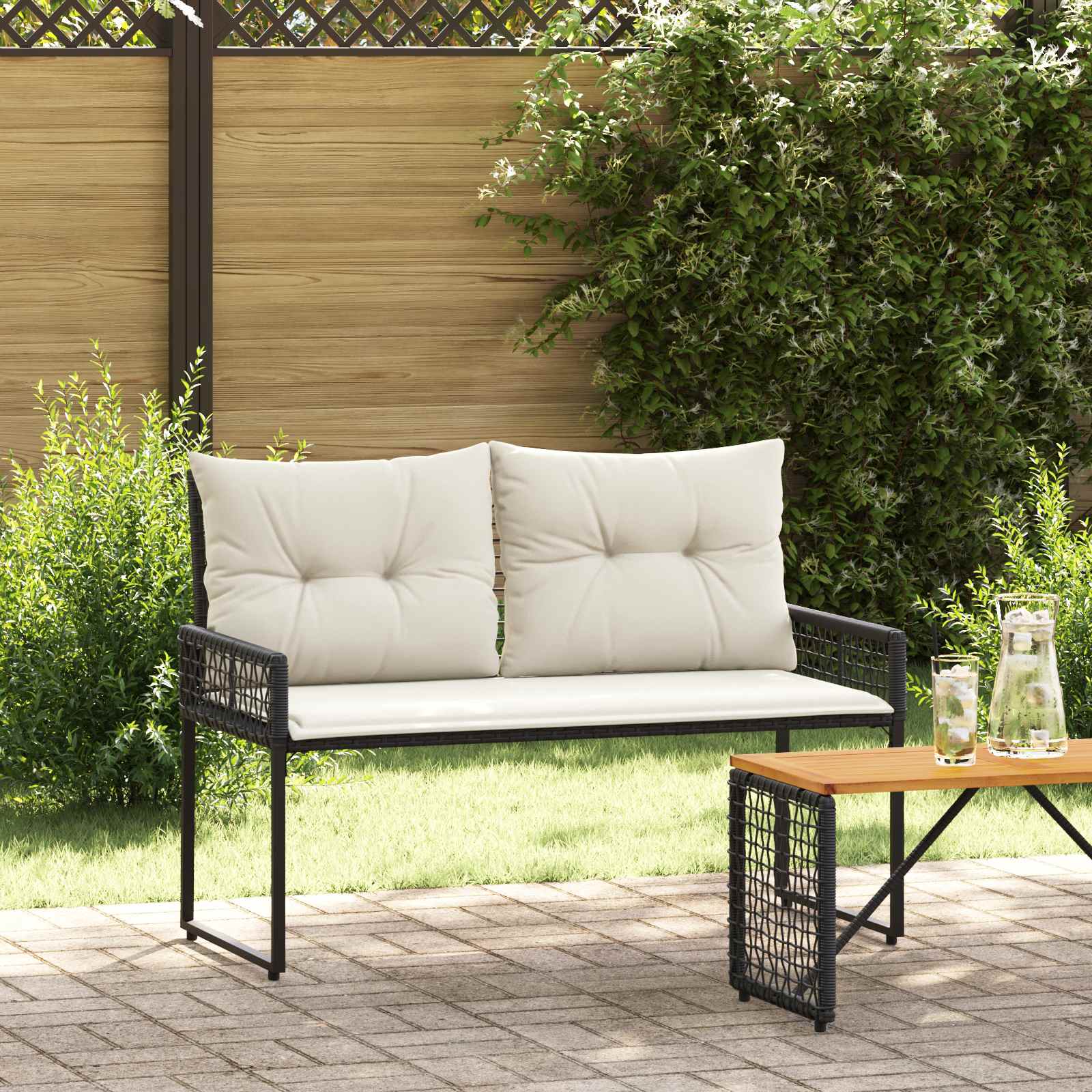 Outdoor Bank mit Kissen Schwarz/Cremeweiß