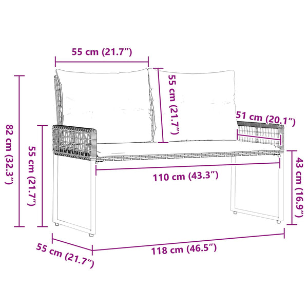 vidaXL Banc d'extérieur gris 118 x 55 x 82 cm en rotin PE et tissu