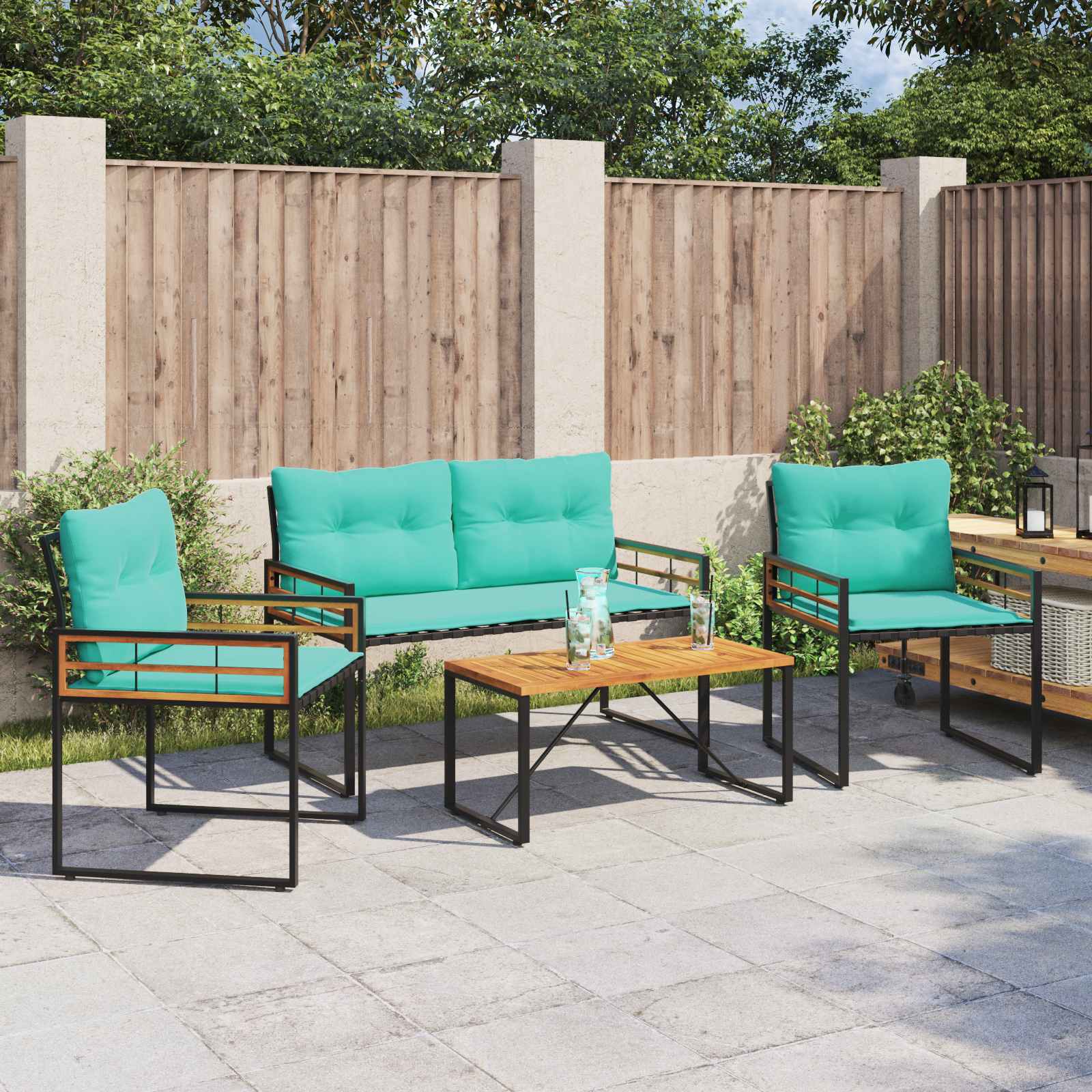 Türkises Gartenmöbel-Set mit Kissen, 4-teilig