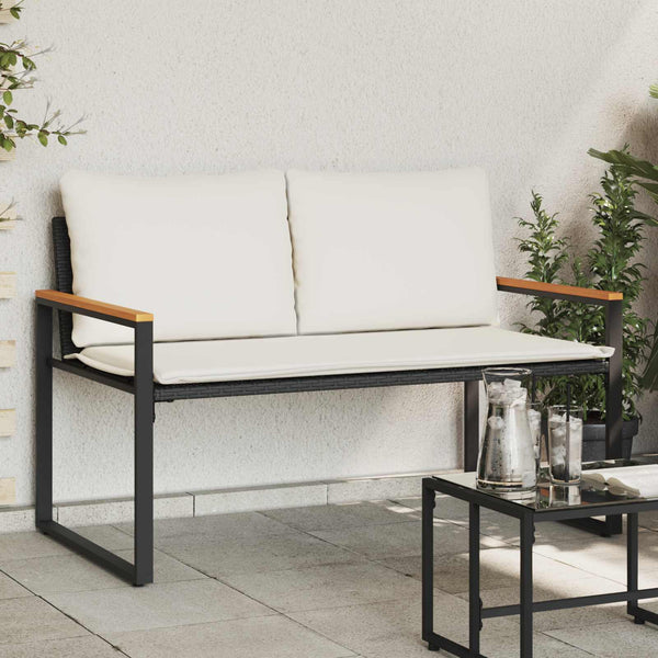 Rattan Gartenbank mit Kissen, Schwarz/Cremeweiß