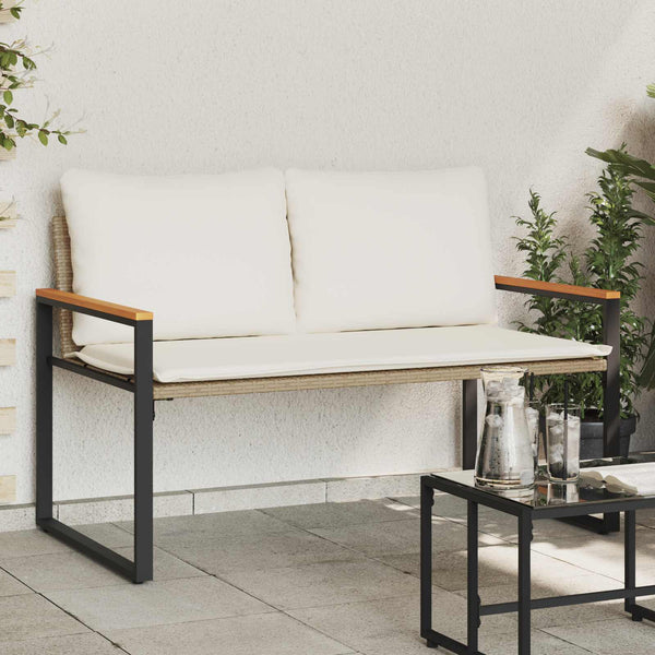 Rattan Gartenbank mit Kissen, Beige/Cremeweiß