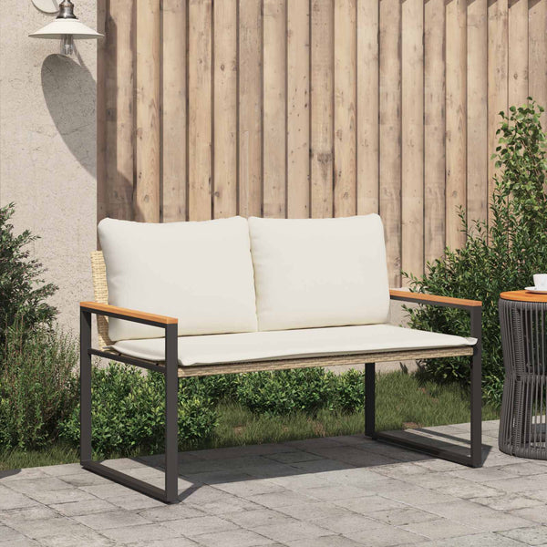 Rattan Gartenbank mit Kissen, Beige/Cremeweiß