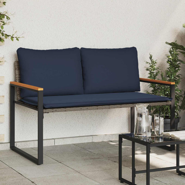 Rattan Gartenbank mit Kissen Grau Marineblau