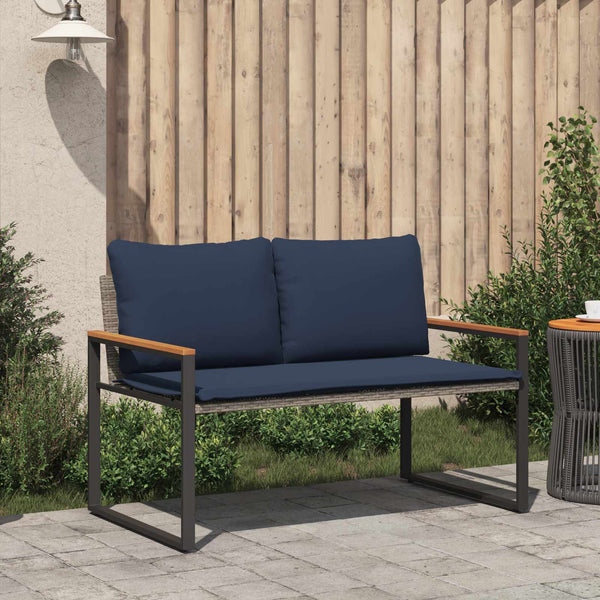 Rattan Gartenbank mit Kissen Grau Marineblau