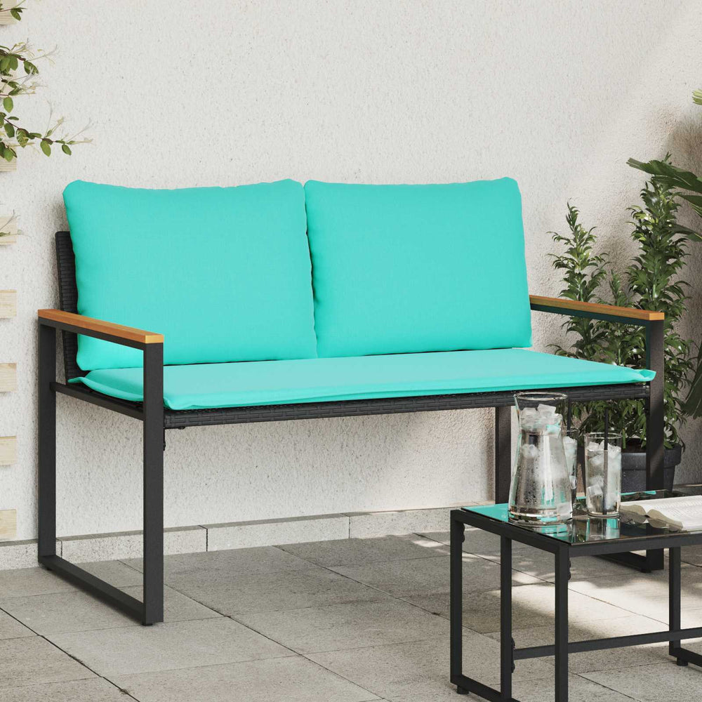 Rattan Gartenbank mit Kissen, Schwarz/Türkis