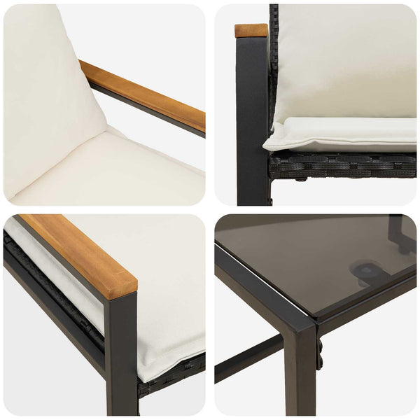 Rattan Möbelset 3-teilig mit Kissen, Schwarz/Creme
