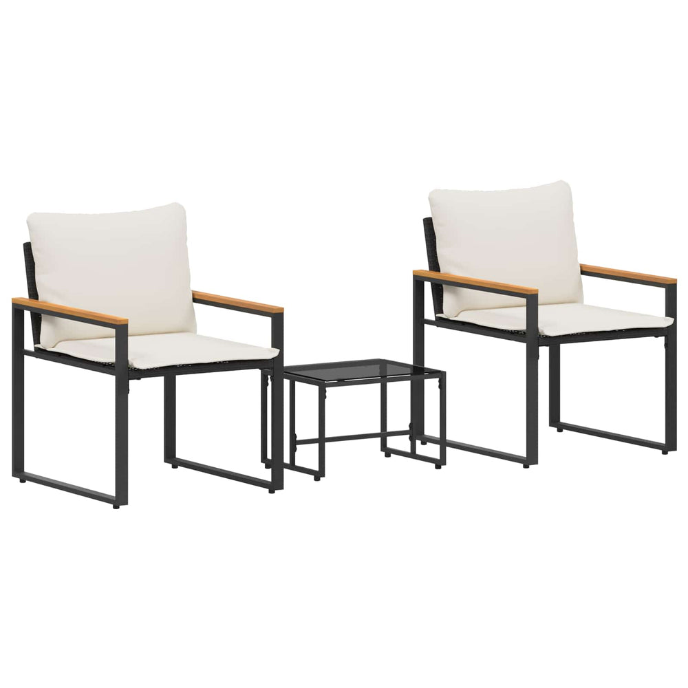 Rattan Möbelset 3-teilig mit Kissen, Schwarz/Creme