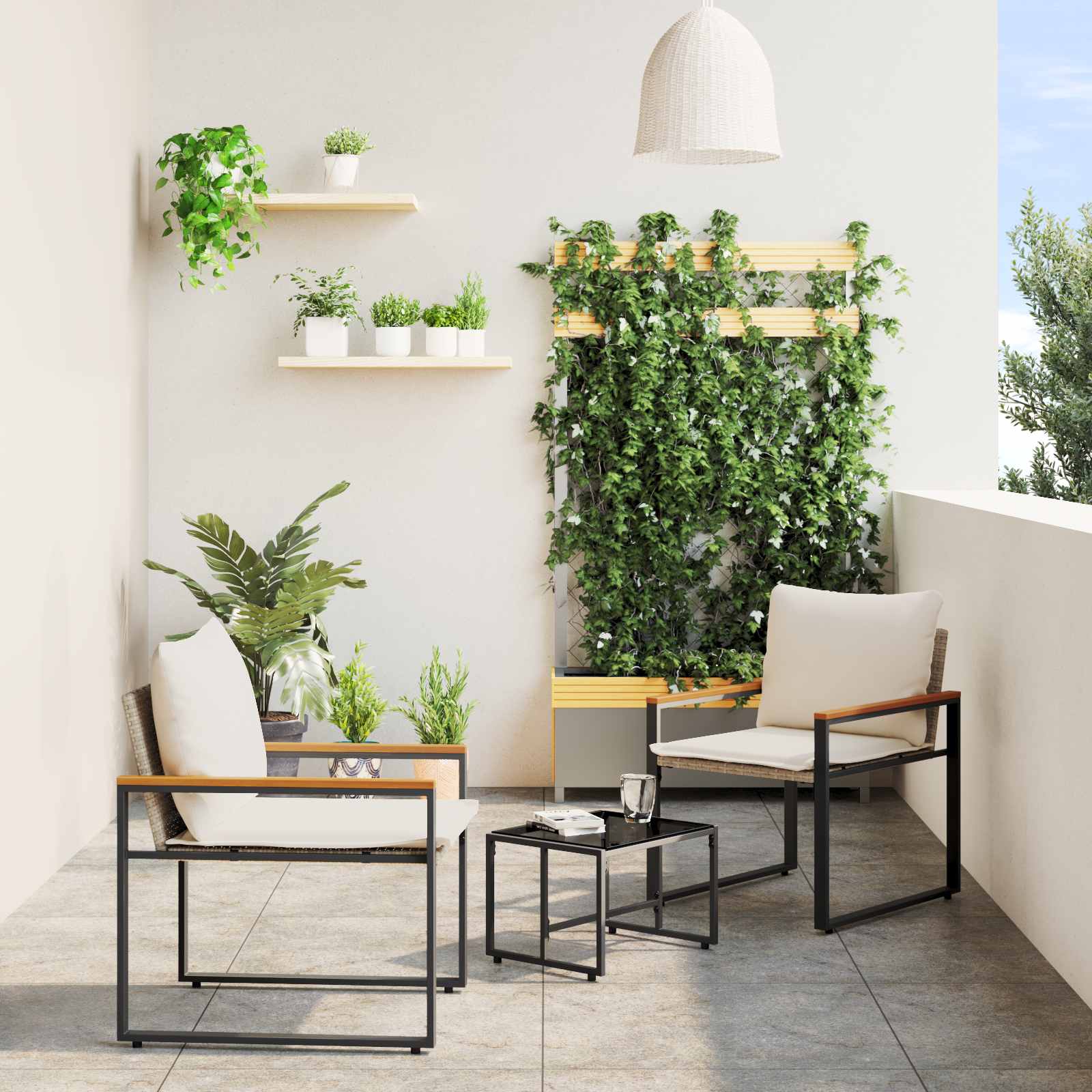 Rattan Möbelset mit Kissen, 3-teilig Beige/Cremeweiß