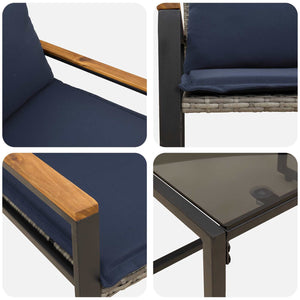 Rattan Möbelset Grau Marineblau 3-teilig