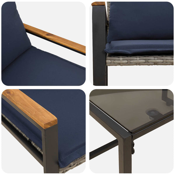 Rattan Möbelset Grau Marineblau 3-teilig