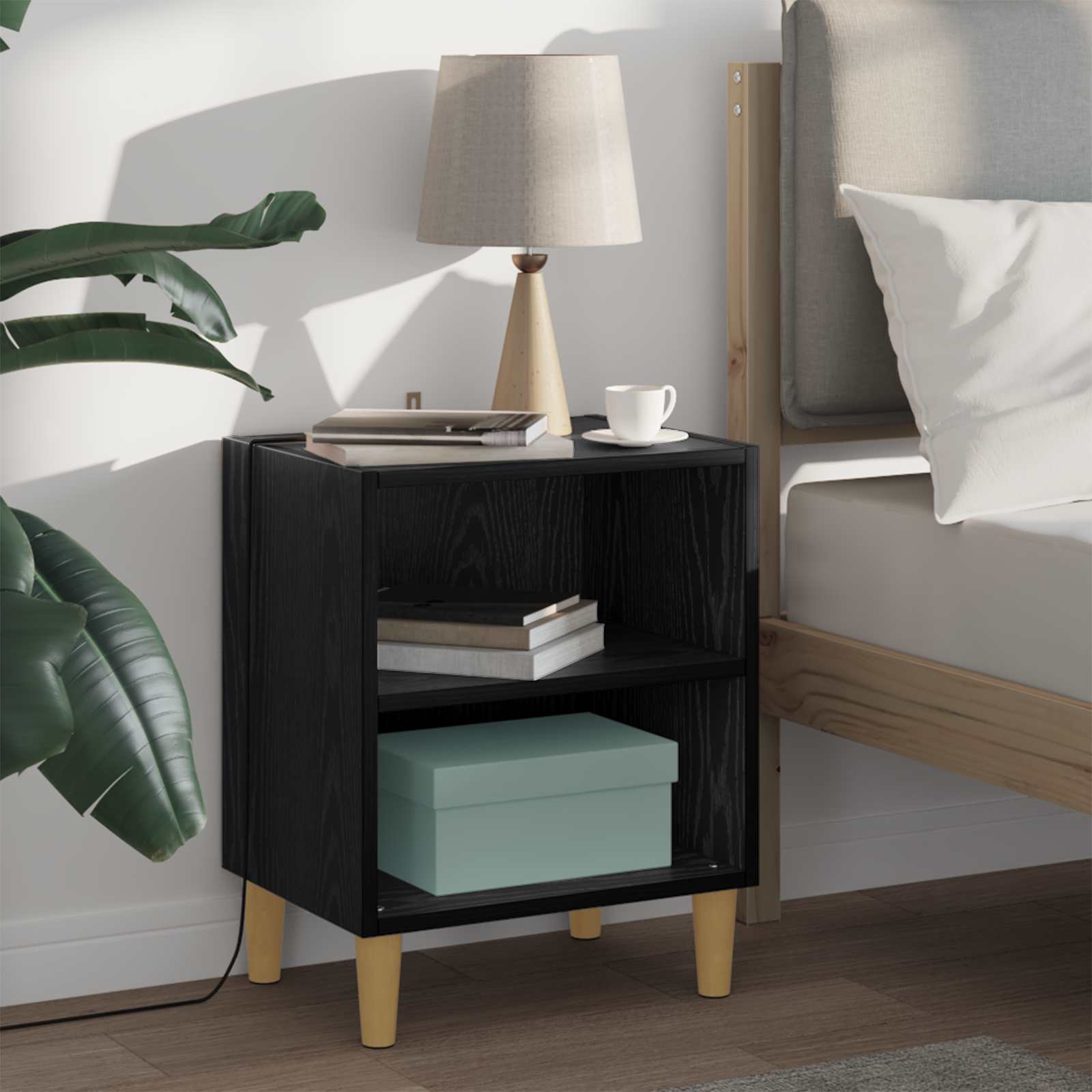 Bettschrank 2er Set, Schwarz Eichenoptik
