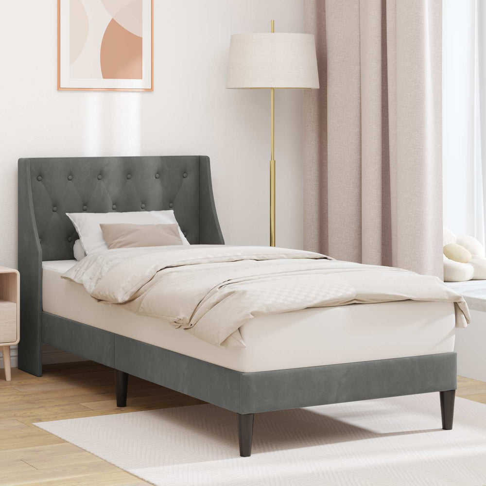 Dunkelgraues Samt-Bettgestell mit Kopfteil 90x190 cm