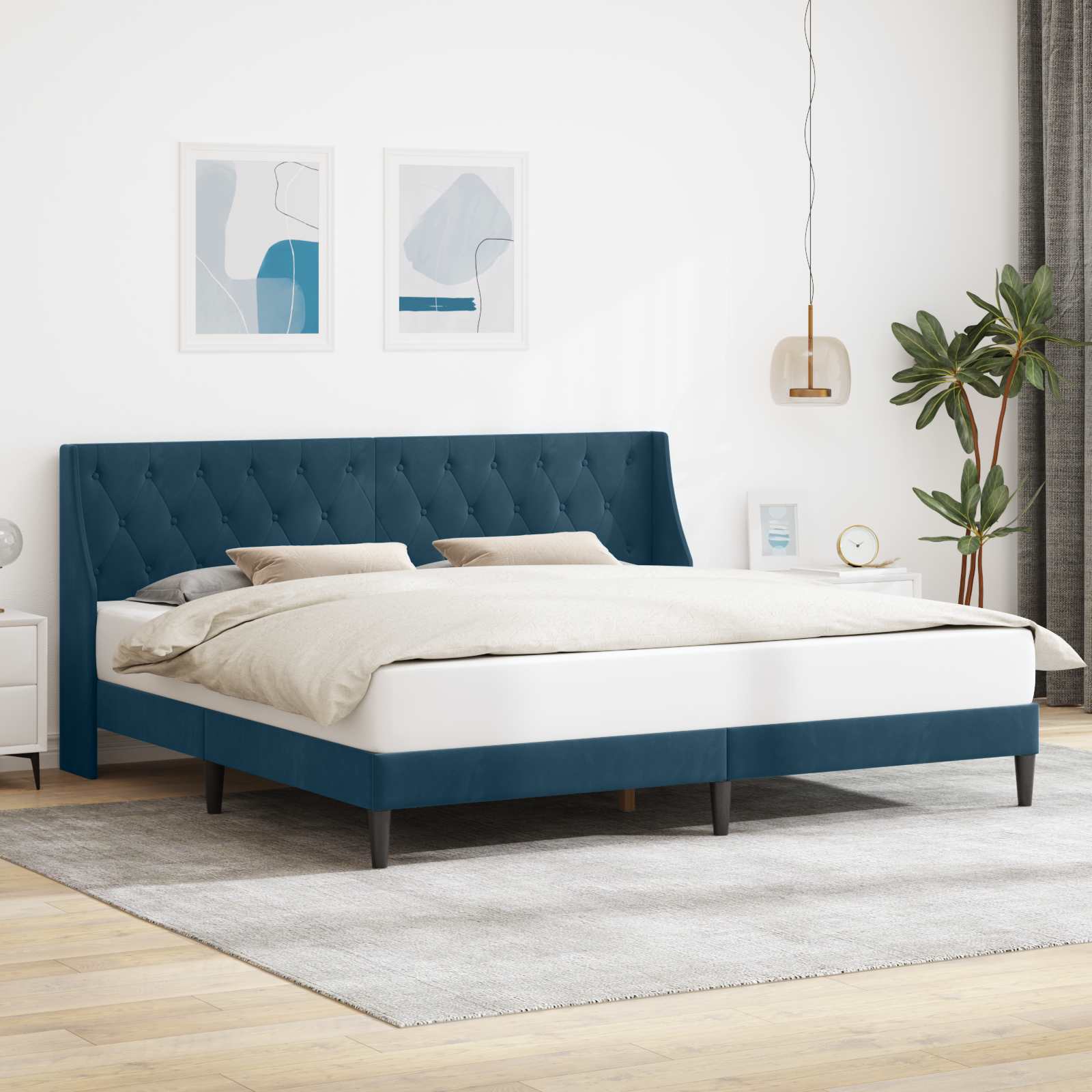 Blauer Samt Bettrahmen 200x200 cm mit Kopfteil