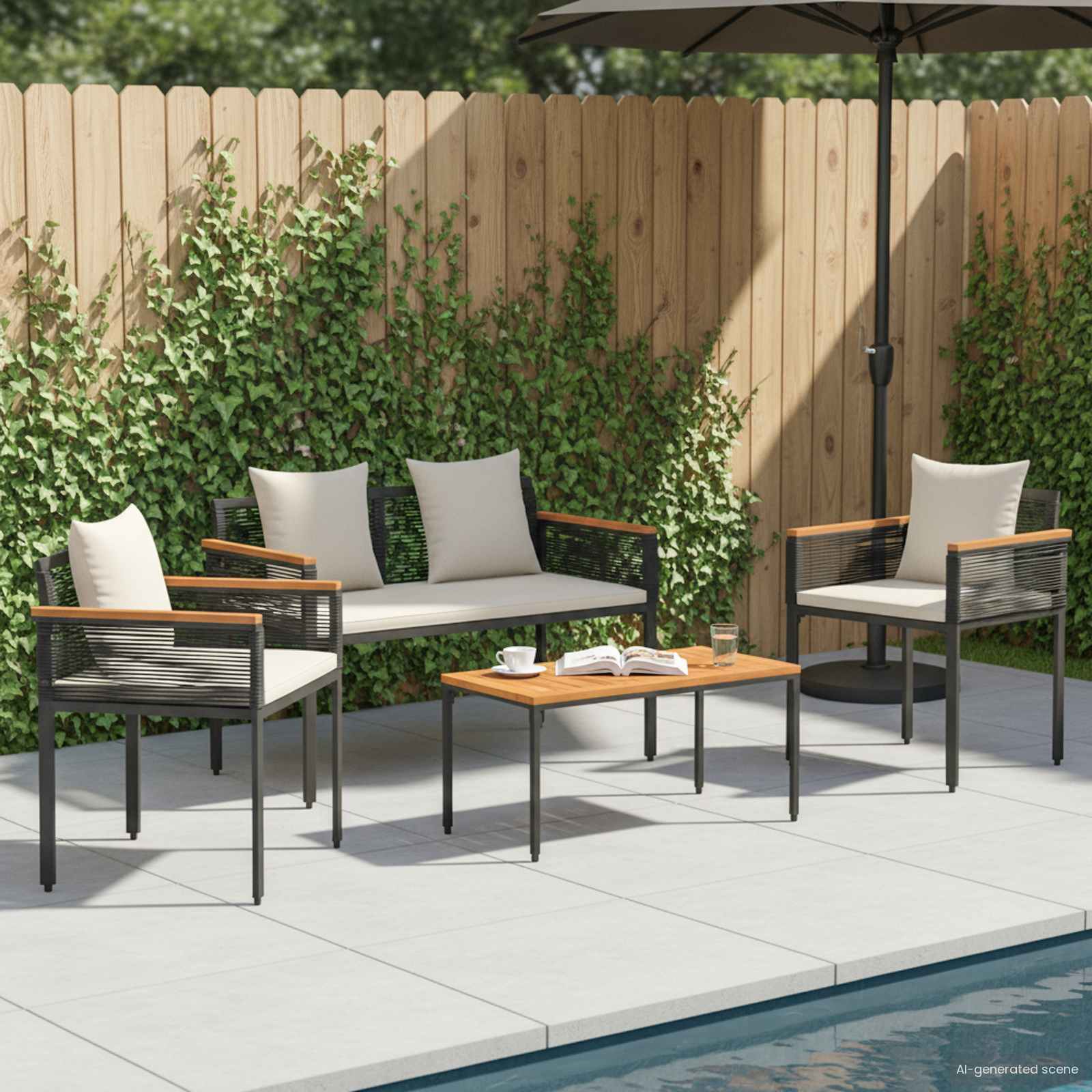 Gartenmöbel Set Schwarz Cremeweiß Poly-Rattan