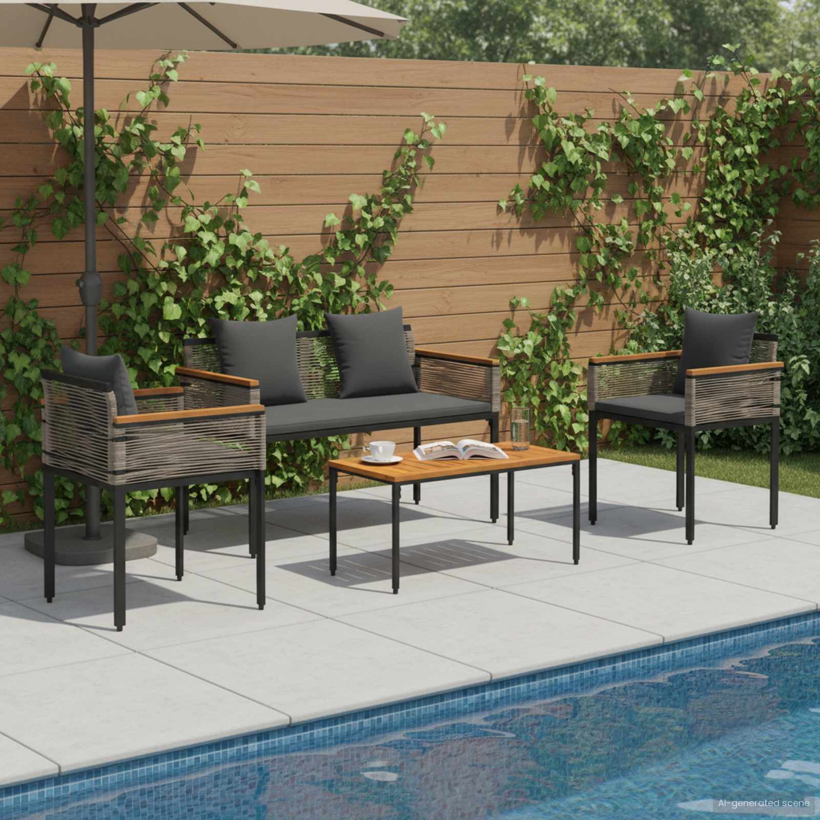 Gartenmöbel Set Poly-Rattan Grau mit Kissen