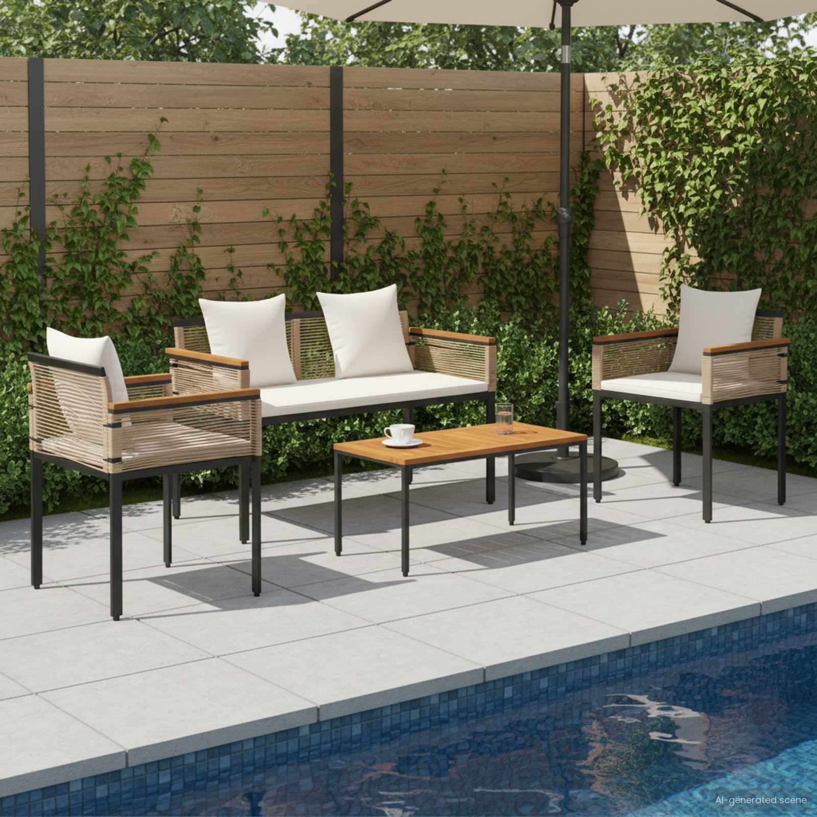 Gartenmöbel Set Poly-Rattan Beige/Cremeweiß