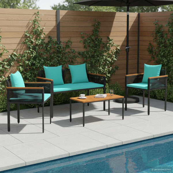 Gartenmöbel Set Poly-Rattan Schwarz Türkis
