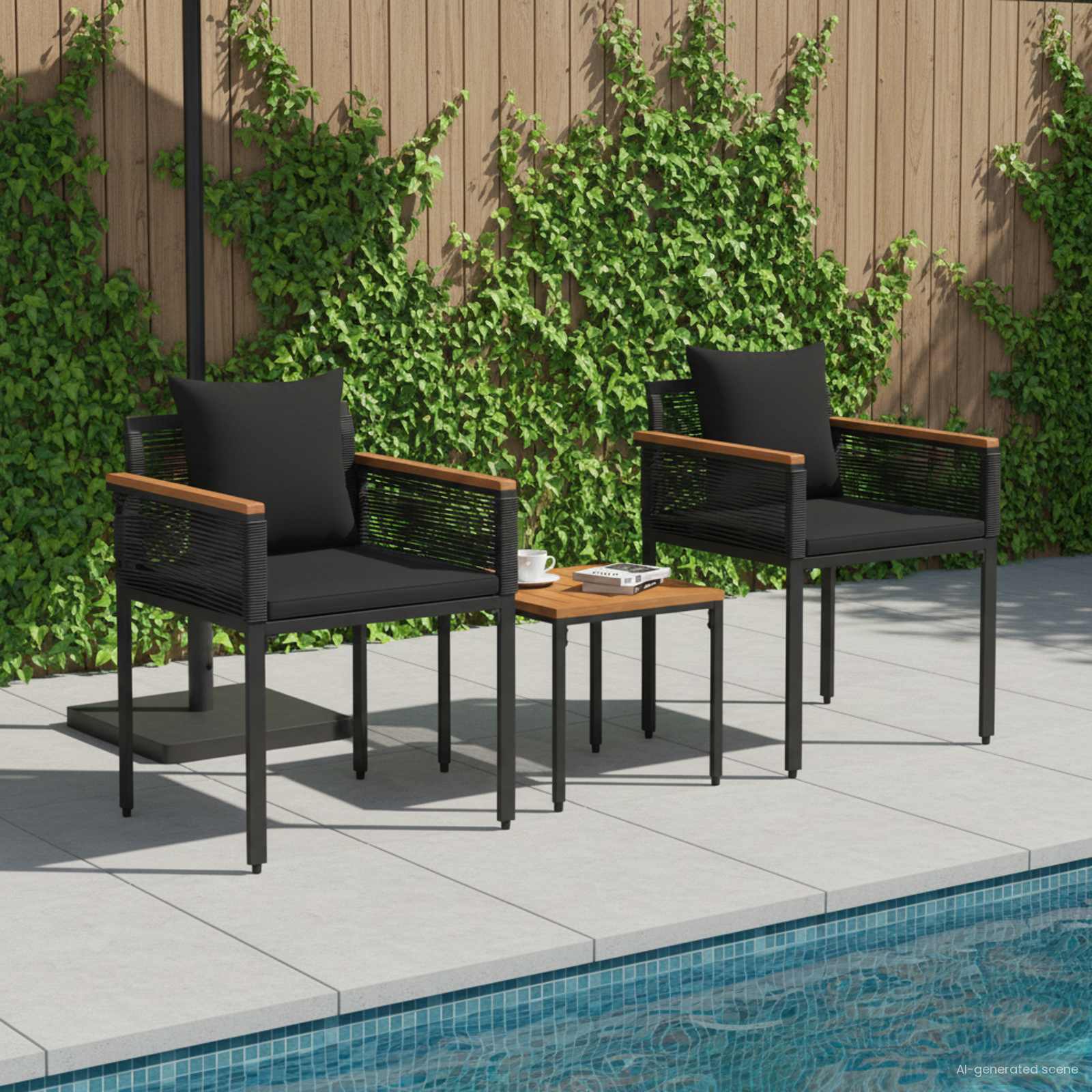 Gartenmöbel Set Schwarz Poly-Rattan mit Kissen