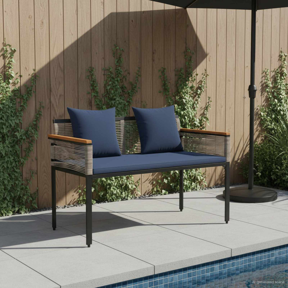 Grau/Marineblaue Outdoor Bank aus Poly-Rattan