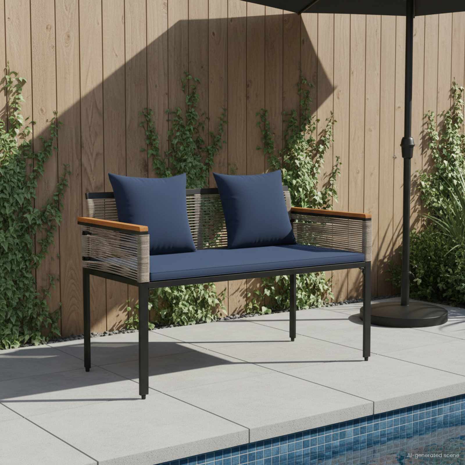 Grau/Marineblaue Outdoor Bank aus Poly-Rattan