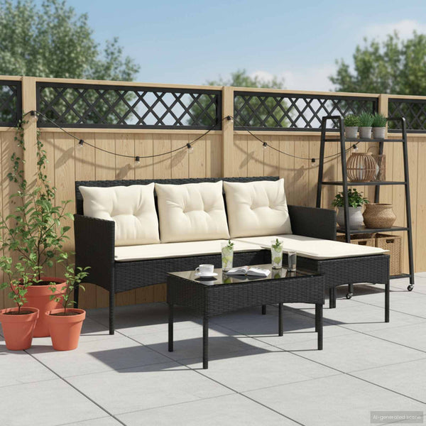 Gartensofa Set 2-teilig Poly-Rattan Schwarz Creme