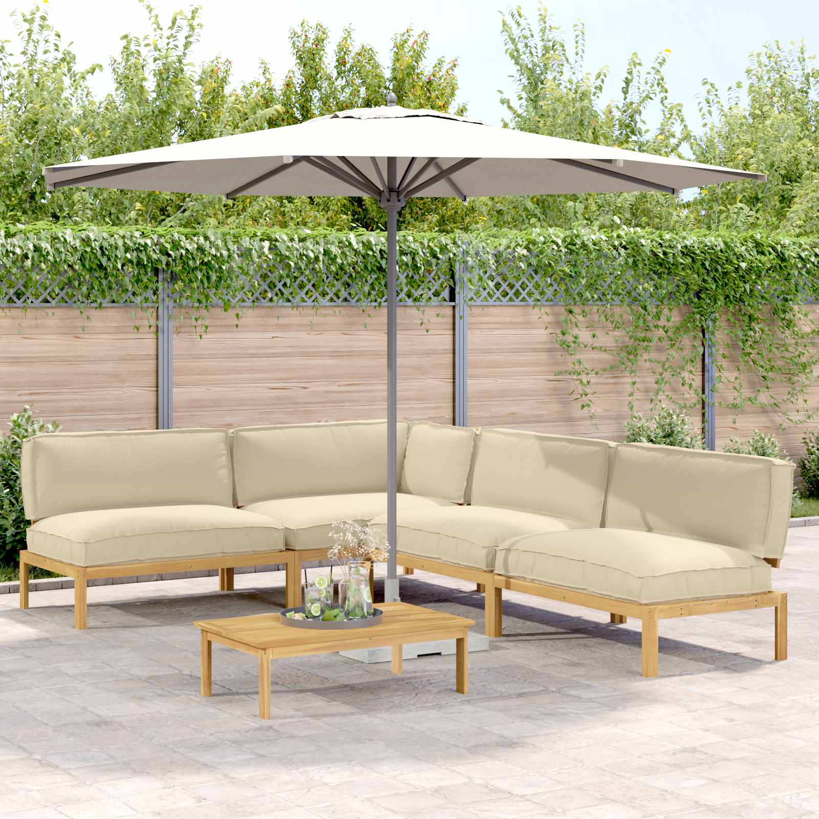 Beige Akazie Sofa Set mit Kissen, 5-teilig