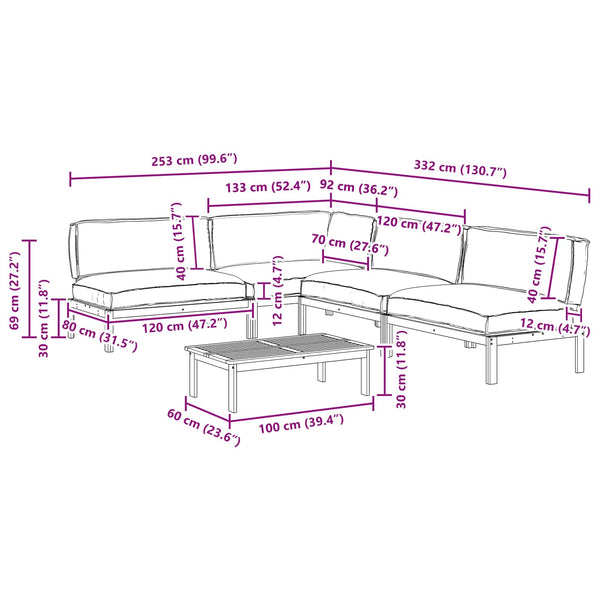 Beige Akazie Sofa Set mit Kissen, 5-teilig