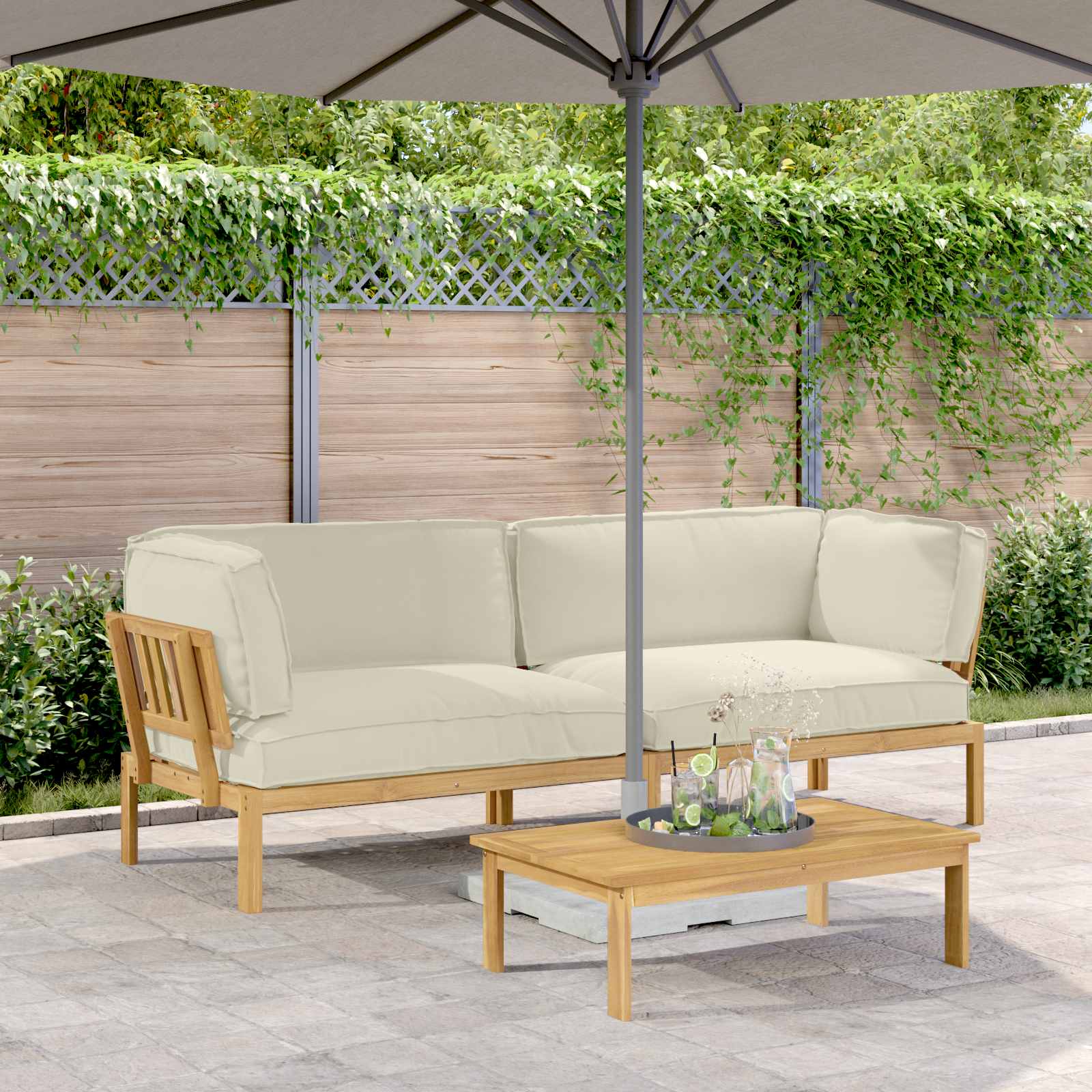 Akazie Sofa Set Creme mit Kissen