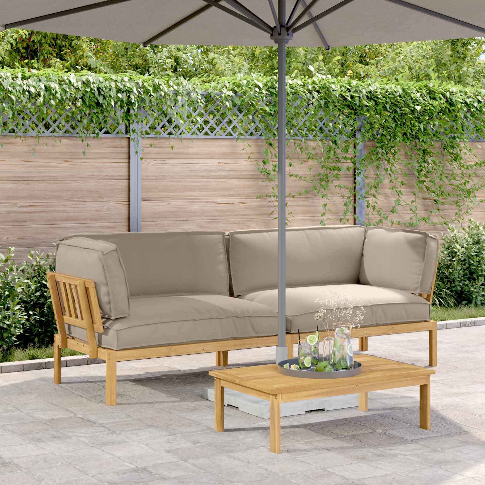 Akazienholz Sofa Set Taupe mit Kissen