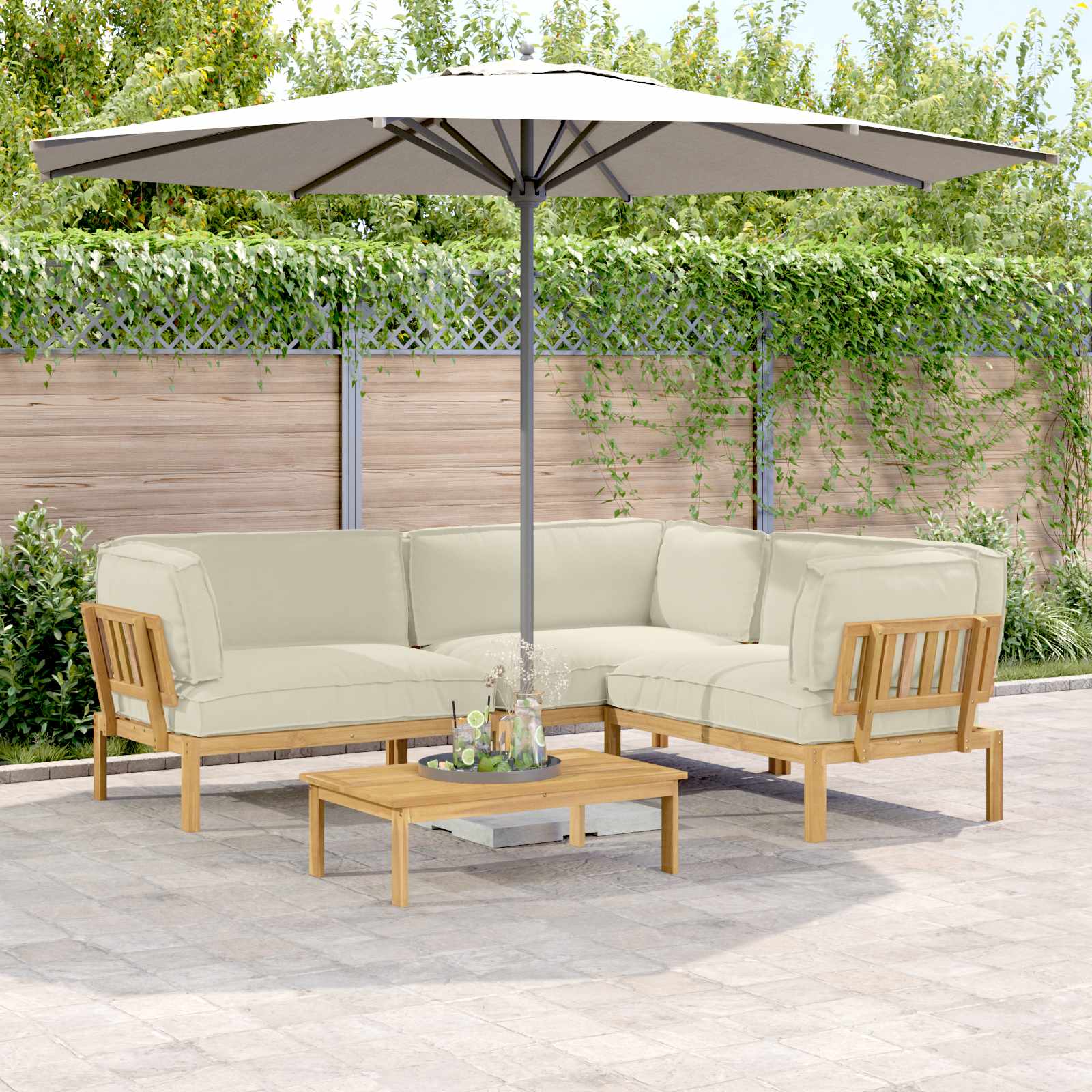 Sofa Set Creme mit Kissen 4-teilig Akazie
