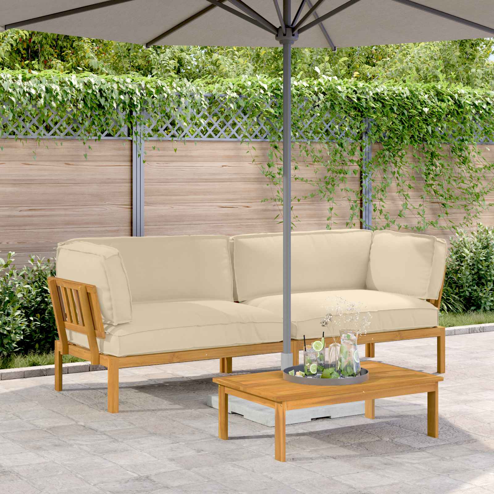 Akazie Sofa Set Beige mit Kissen 2-teilig