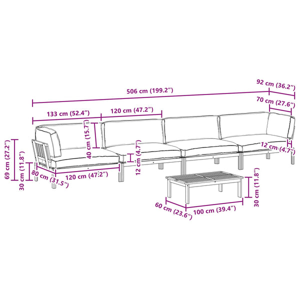 Schwarzes Akazienholz Sofa Set mit Kissen, 5-teilig