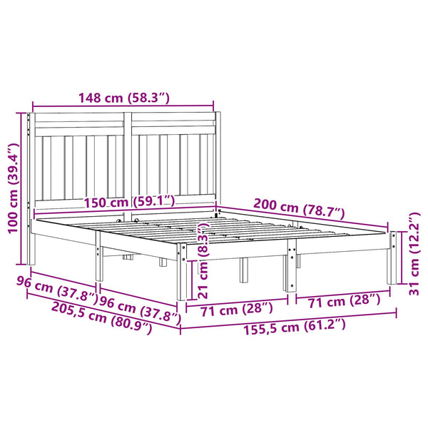 vidaXL Cadre de lit brun miel 205,5 x 155,5 x 100 cm bois de pin massif