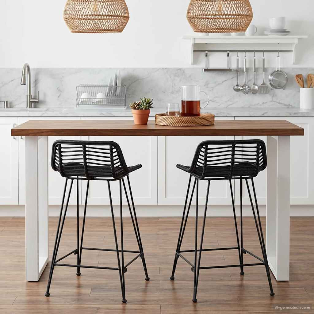 Schwarze Barhocker 2er Set Rattan/Stahl