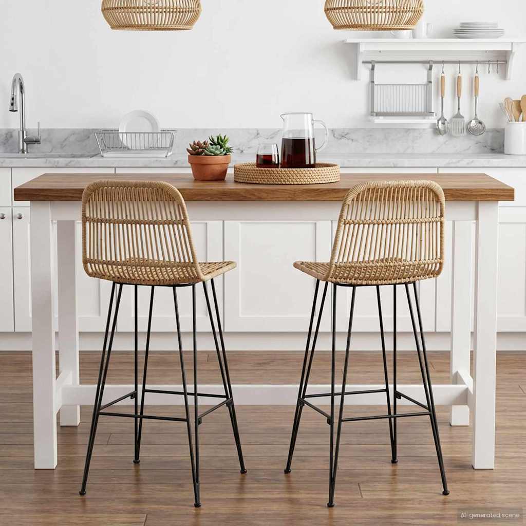 Barhocker 2er Set Natur Rattan Stahl