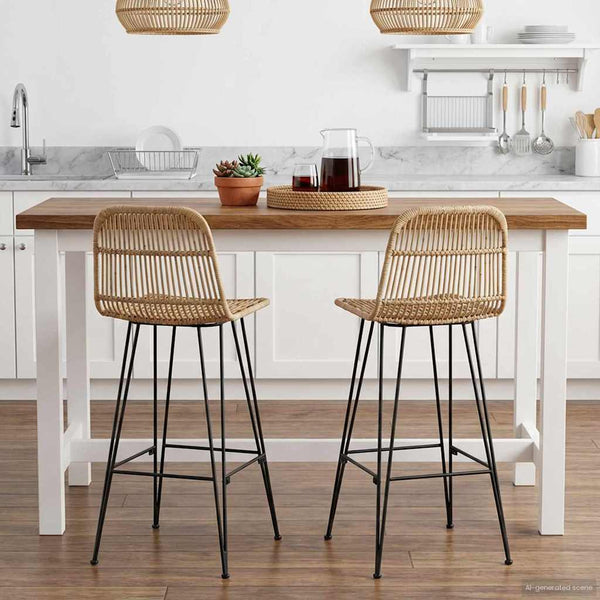 Barhocker 2er Set Natur Rattan Stahl