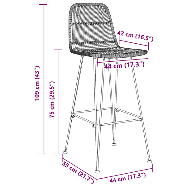 Barhocker 2er Set Natur Rattan Stahl