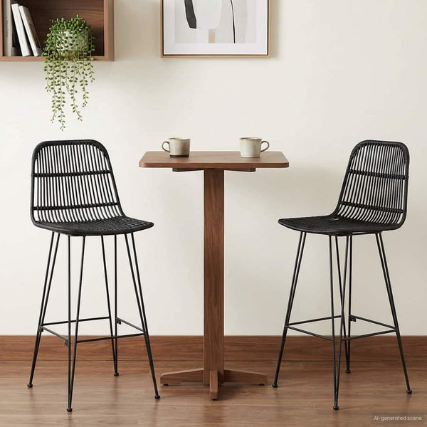 Barhocker 2er Set Schwarz Rattan Stahl