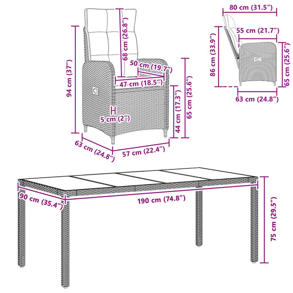 Outdoor Esstisch Set, 7-teilig, PE-Rattan